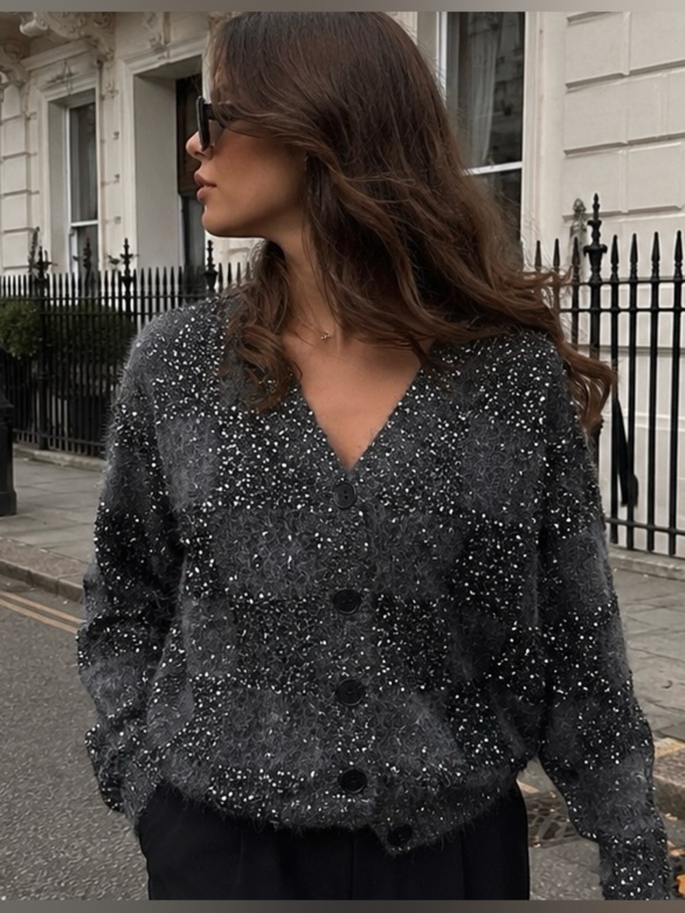 Lucy Paris Sequin Plaid Fuzzy Cardigan Sweater | NWT | Size 2X | Dark Gray